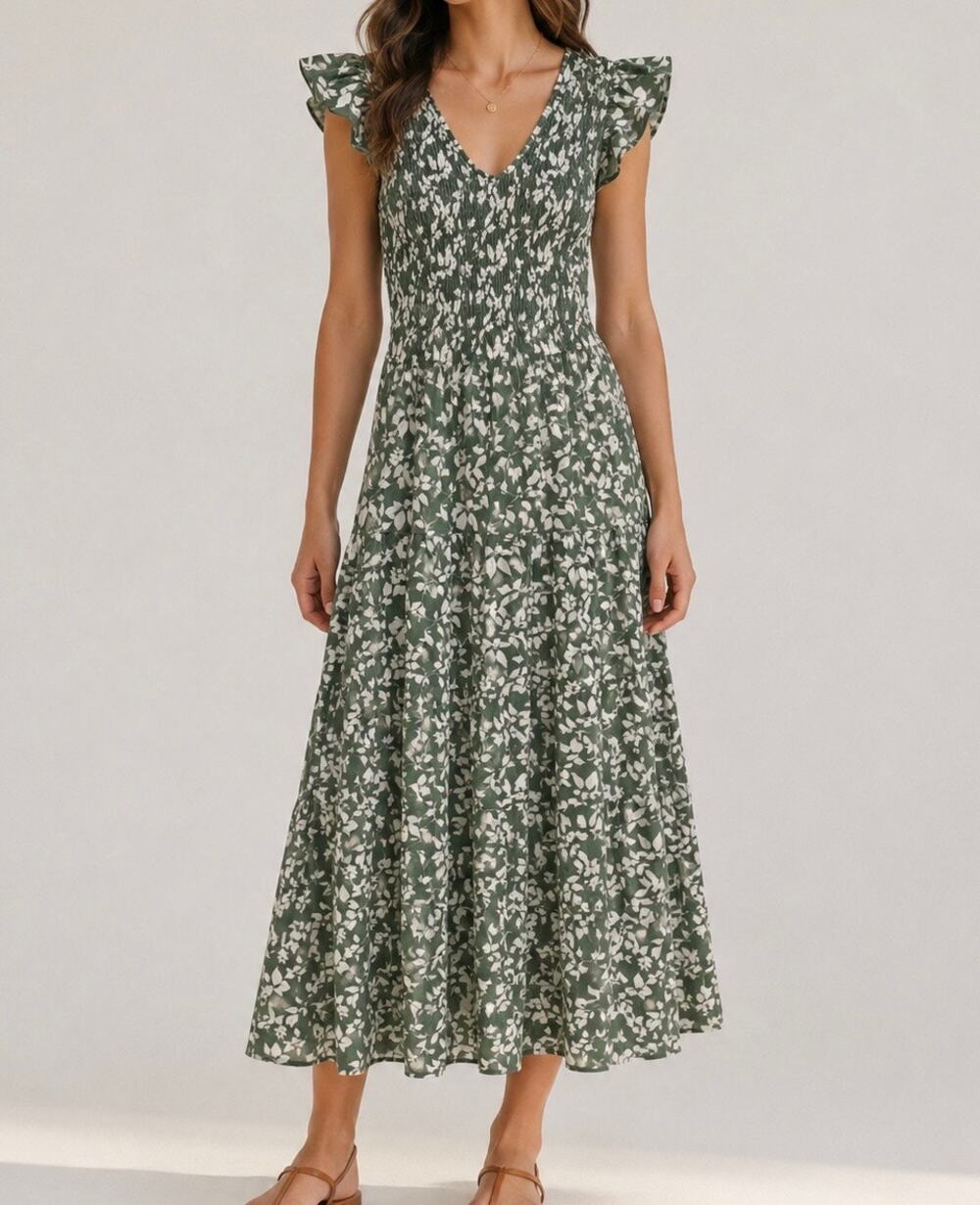 Prettygarden Floral Smocked Maxi Dress Sage Green Small